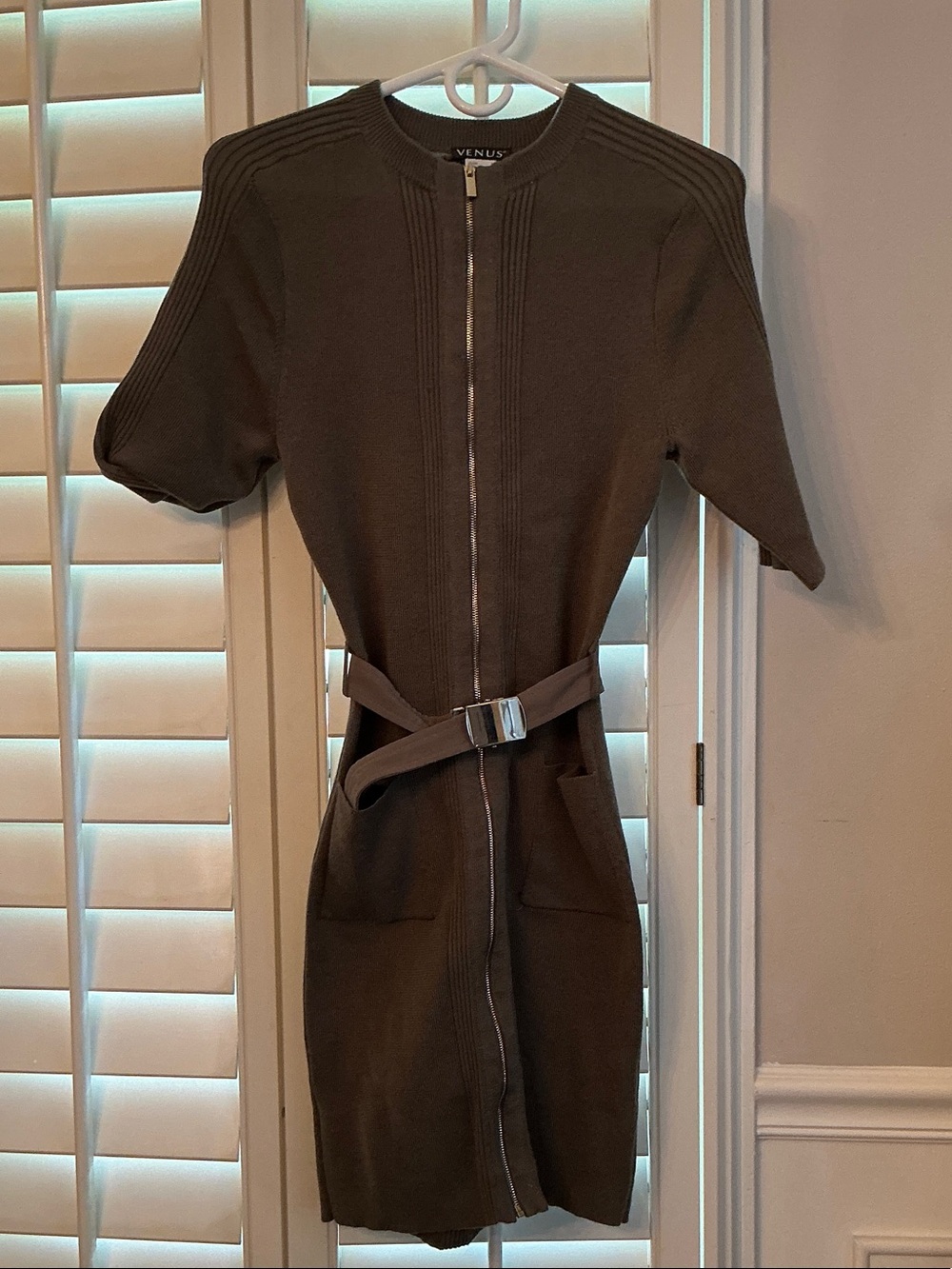 VENUS army green Zip-Front Belted Knit Dress